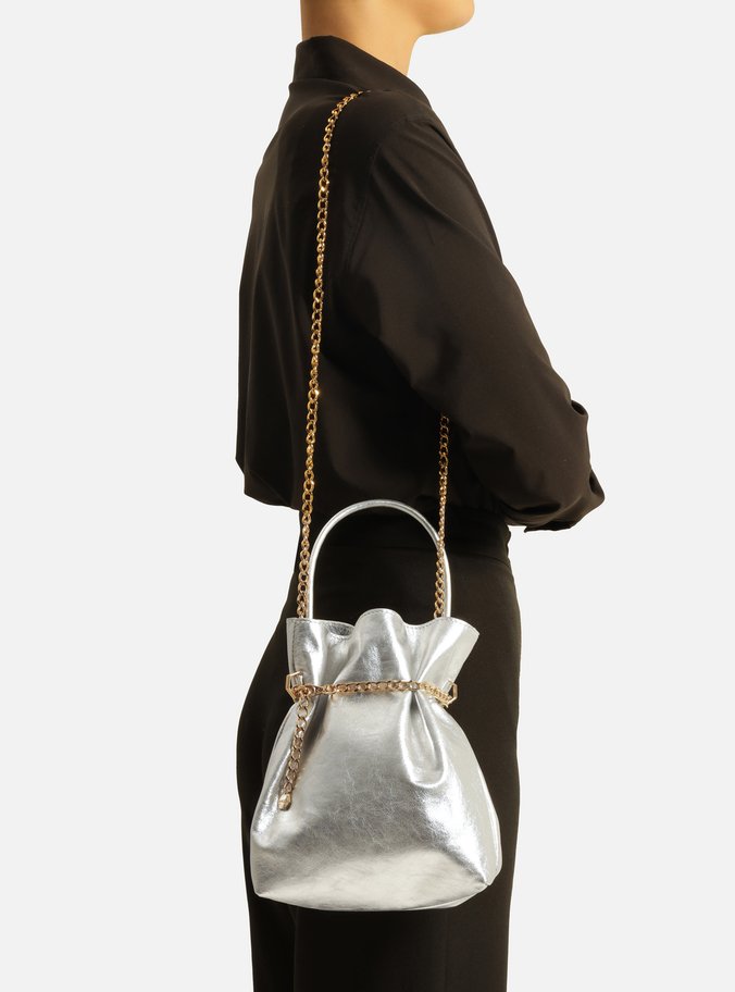 Bolsa Tiracolo Prata Couro Pequena Correntes
