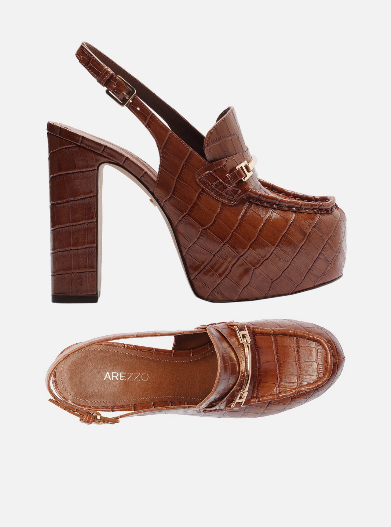 Loafer Marrom Croco Salto Bloco Meia Pata | Arezzo