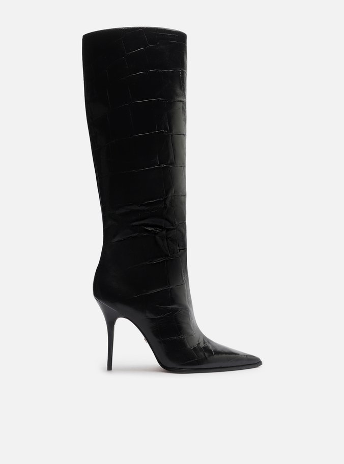 Bota Preta Croco Salto Alto Cano Médio Bico Fino