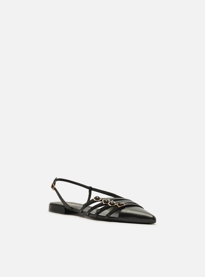 Sapatilha Preta Couro Slingback Tiras Fivelas