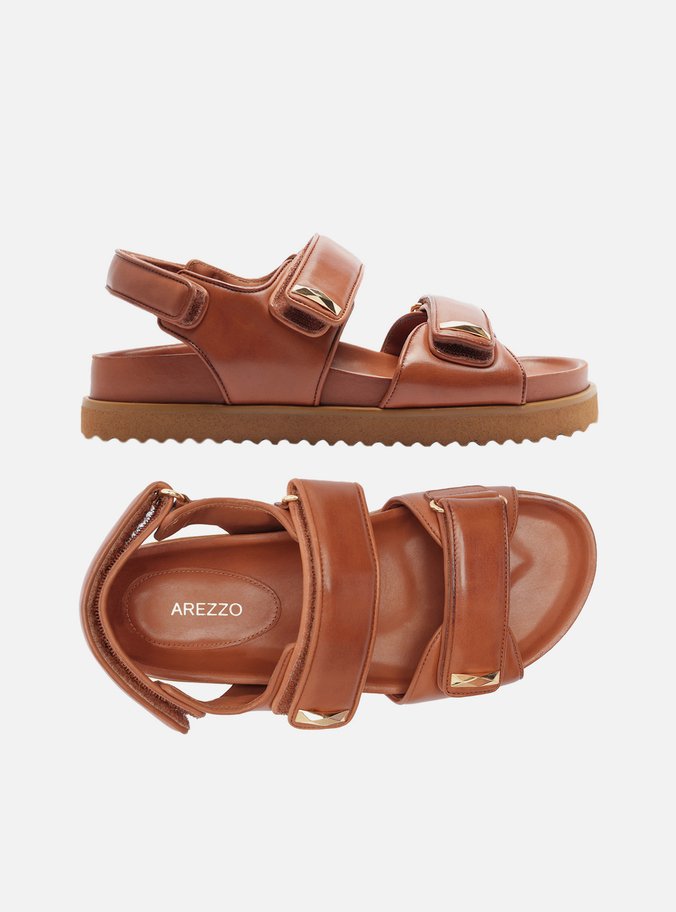 Sandália Papete Marrom Couro Tiras Velcro