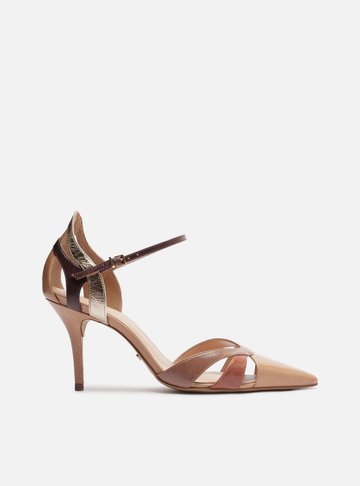Scarpin Bege Couro Salto Fino Mix Tiras