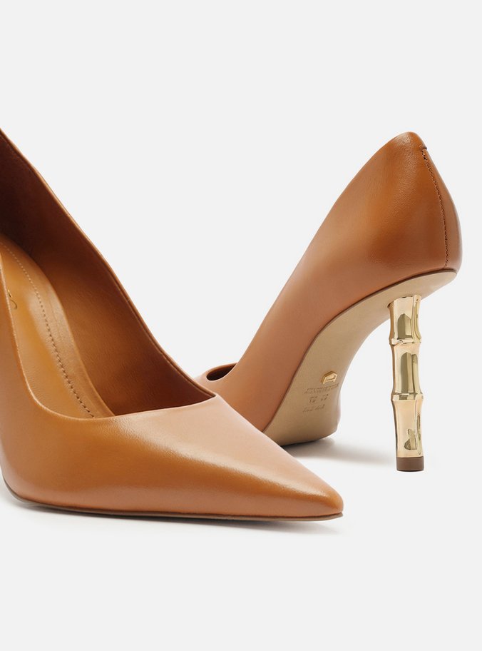 Scarpin Marrom Couro Salto Bamboo Metal