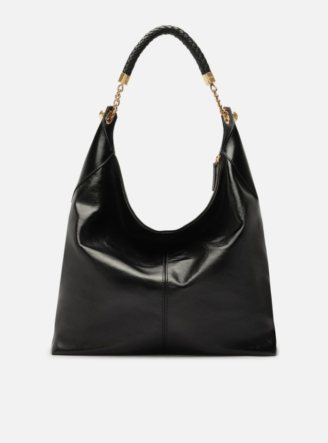 Bolsa Hobo Preta Couro Grande Alça Metais
