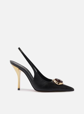 Scarpin Preto Couro Salto Alto Slingback Pedraria