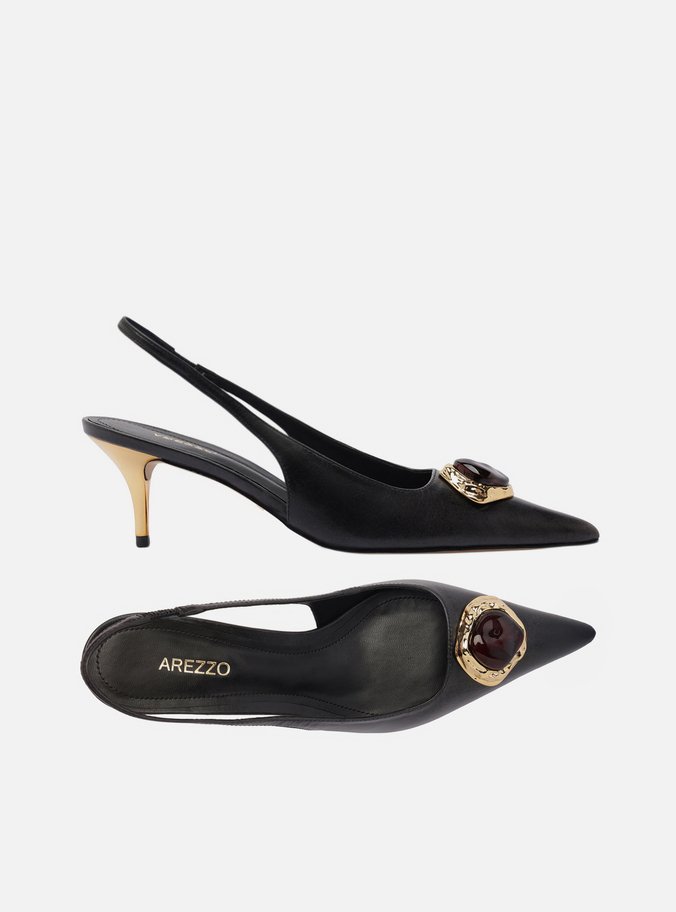 Scarpin Preto Couro Salto Baixo Slingback Pedraria
