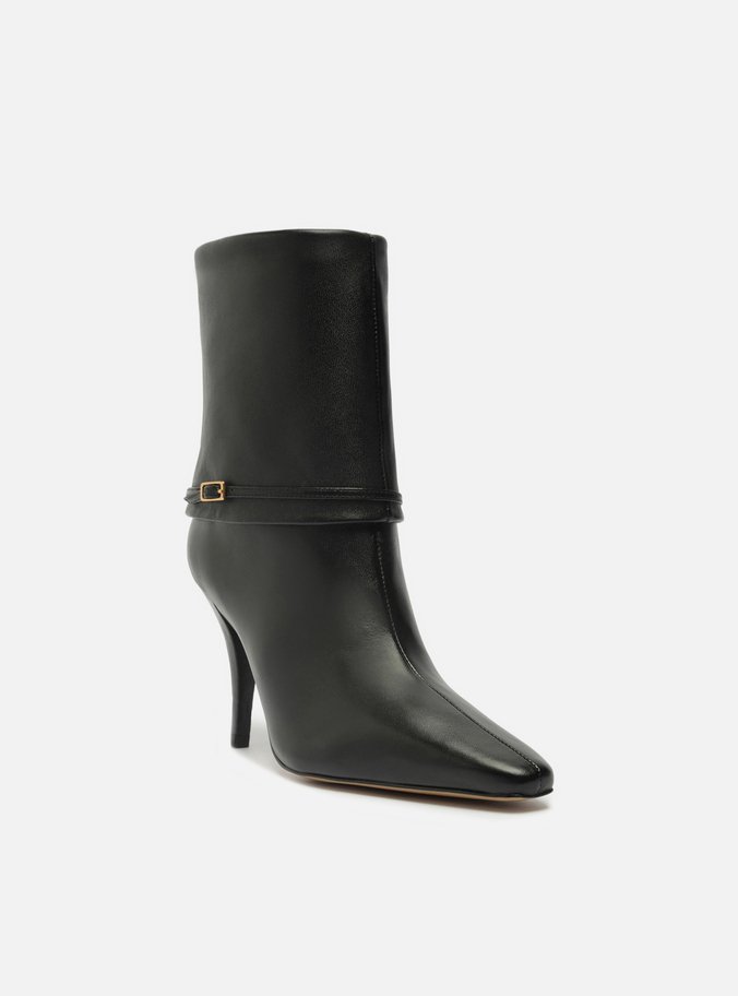 Bota Preta Couro Salto Fino Capa Tira