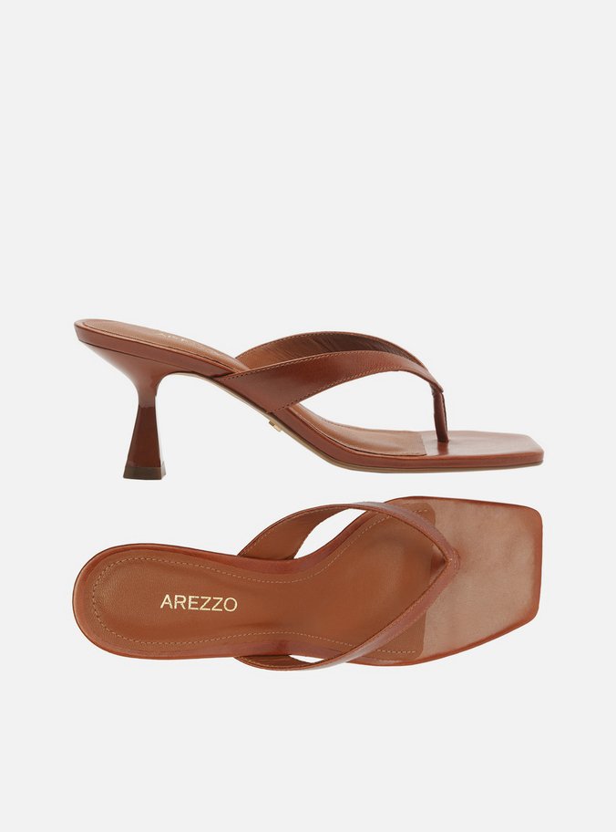 Tamanco Marrom Couro Salto Fino Flip Flop