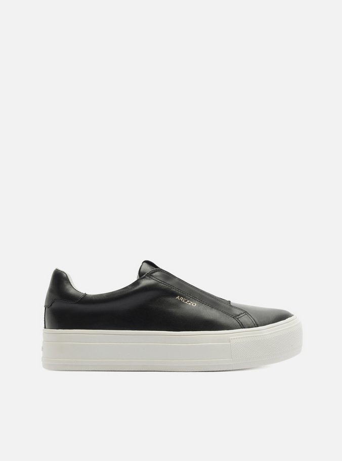 Tênis Preto Couro Flatform Metal Dourado