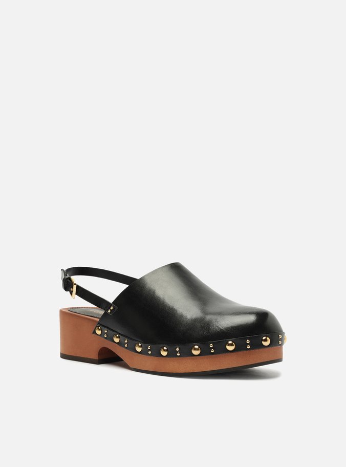 Mule Clog Preta Couro Salto Médio Tira