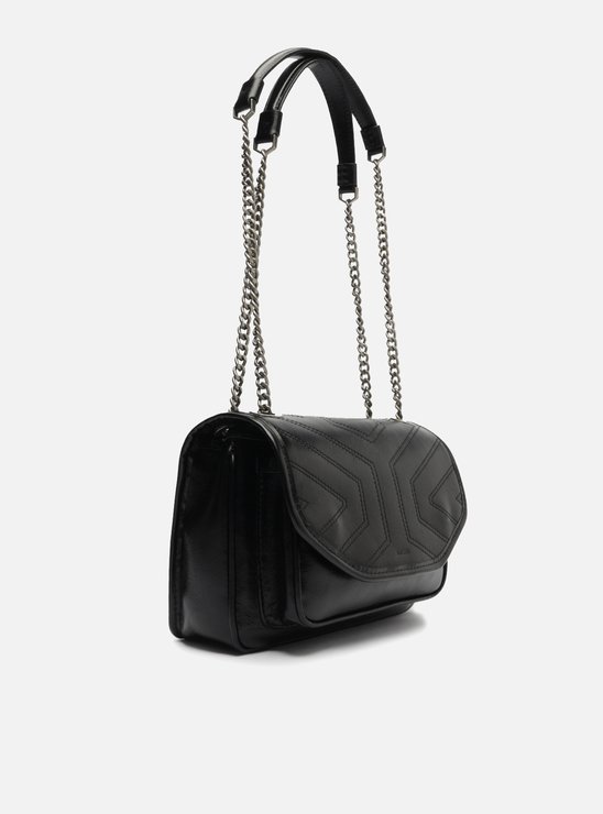 Bolsa Tiracolo Preta Couro Costuras Corrente