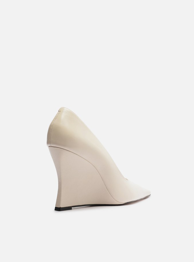 Scarpin Branco Couro Salto Anabela Bico Fino