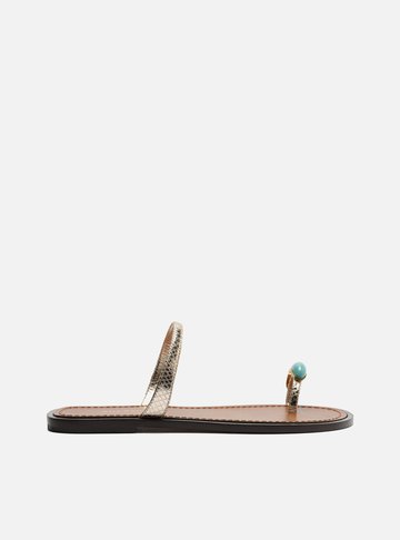 Rasteira Dourada Couro Snake Flat Tiras Pedra