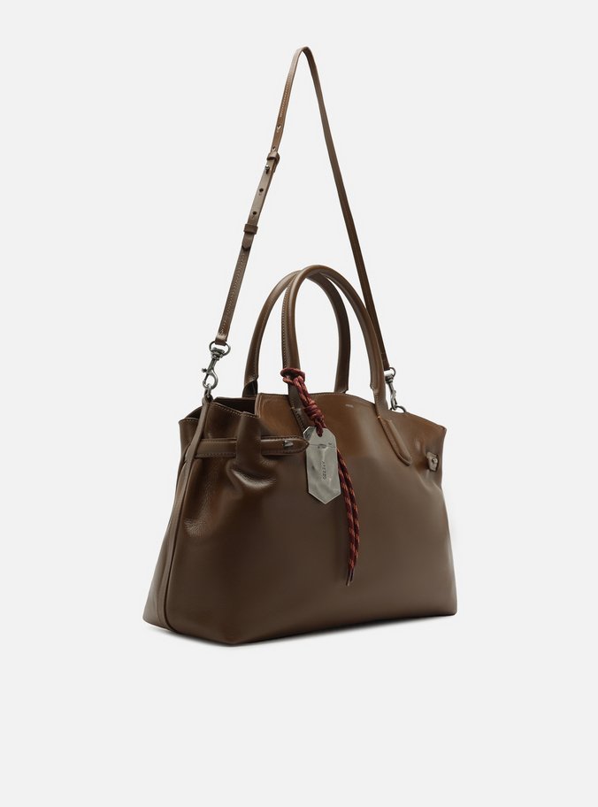 Bolsa Tote Marrom Couro Grande Bag Charm Metal