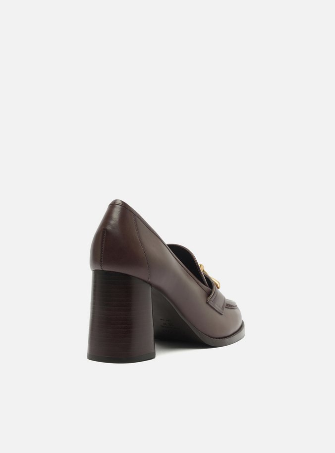 Loafer Marrom Couro Salto Bloco Metal Nó