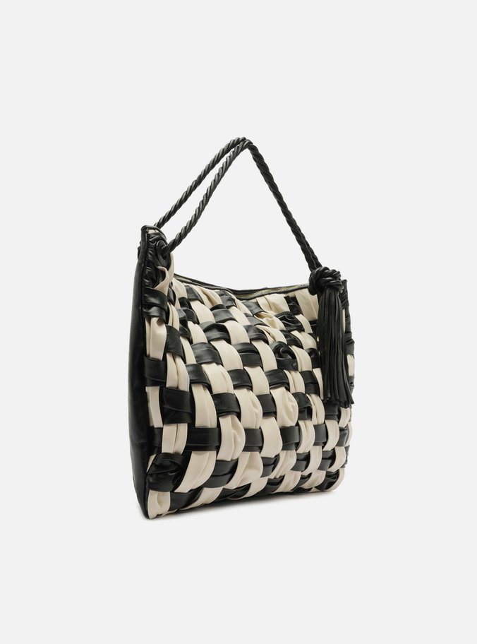 Bolsa Hobo Preta Couro Grande Tressê Bicolor