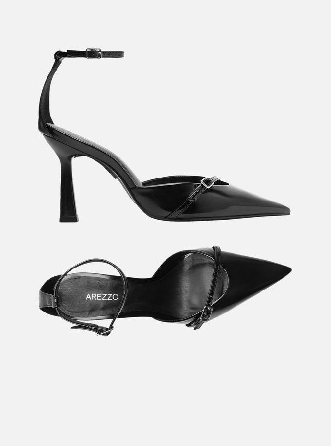 Scarpin Preto Verniz Salto Alto Fino Tira