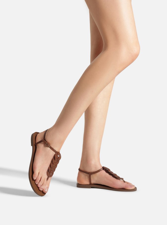 Sandália Rasteira Marrom Couro Slim Trama