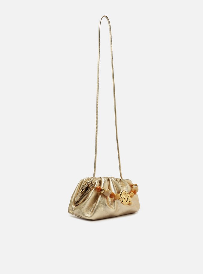 Clutch Dourada Couro Média Pedrarias Concha