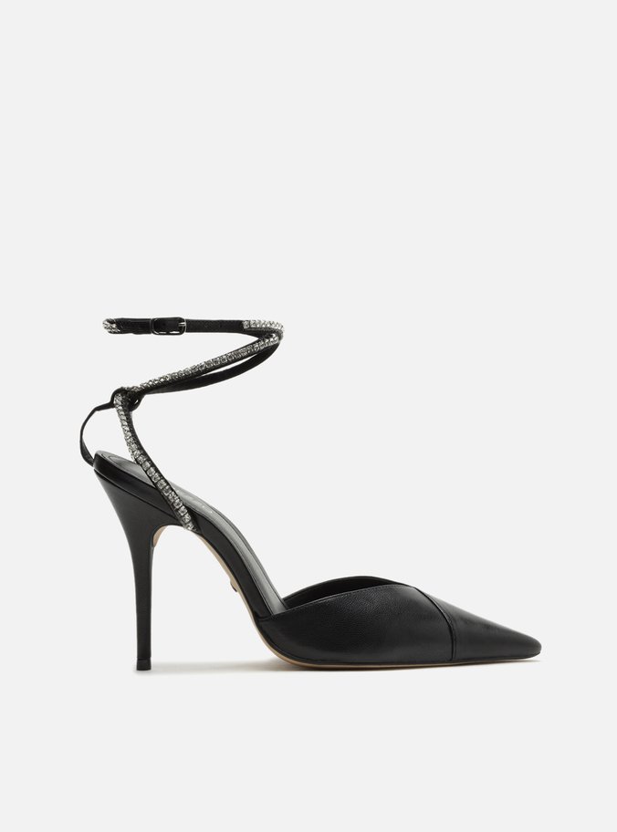 Scarpin Preto Couro Salto Alto Tiras Anny