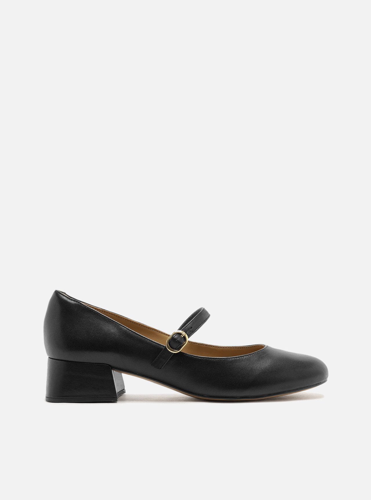 Scarpin Preto Couro Salto Bloco Fivela — foto 1