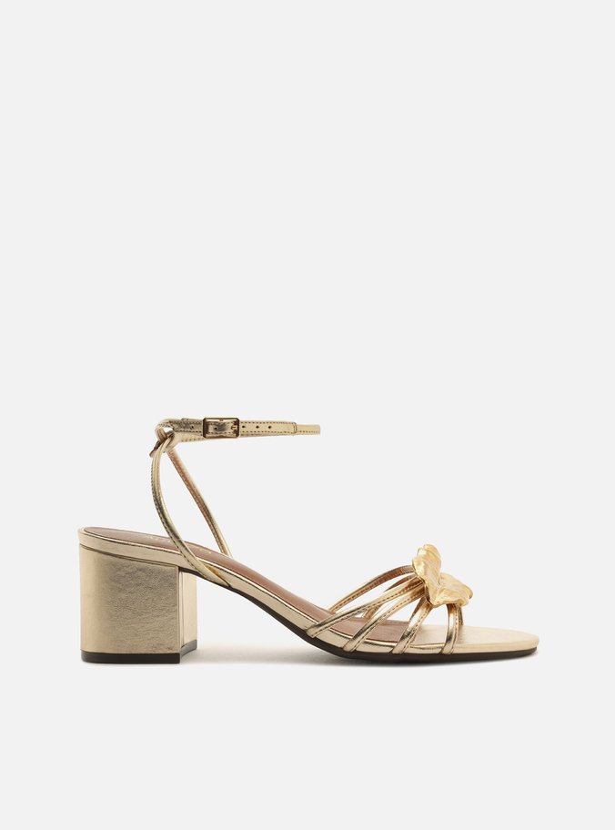 Sandália Dourada Couro Salto Bloco