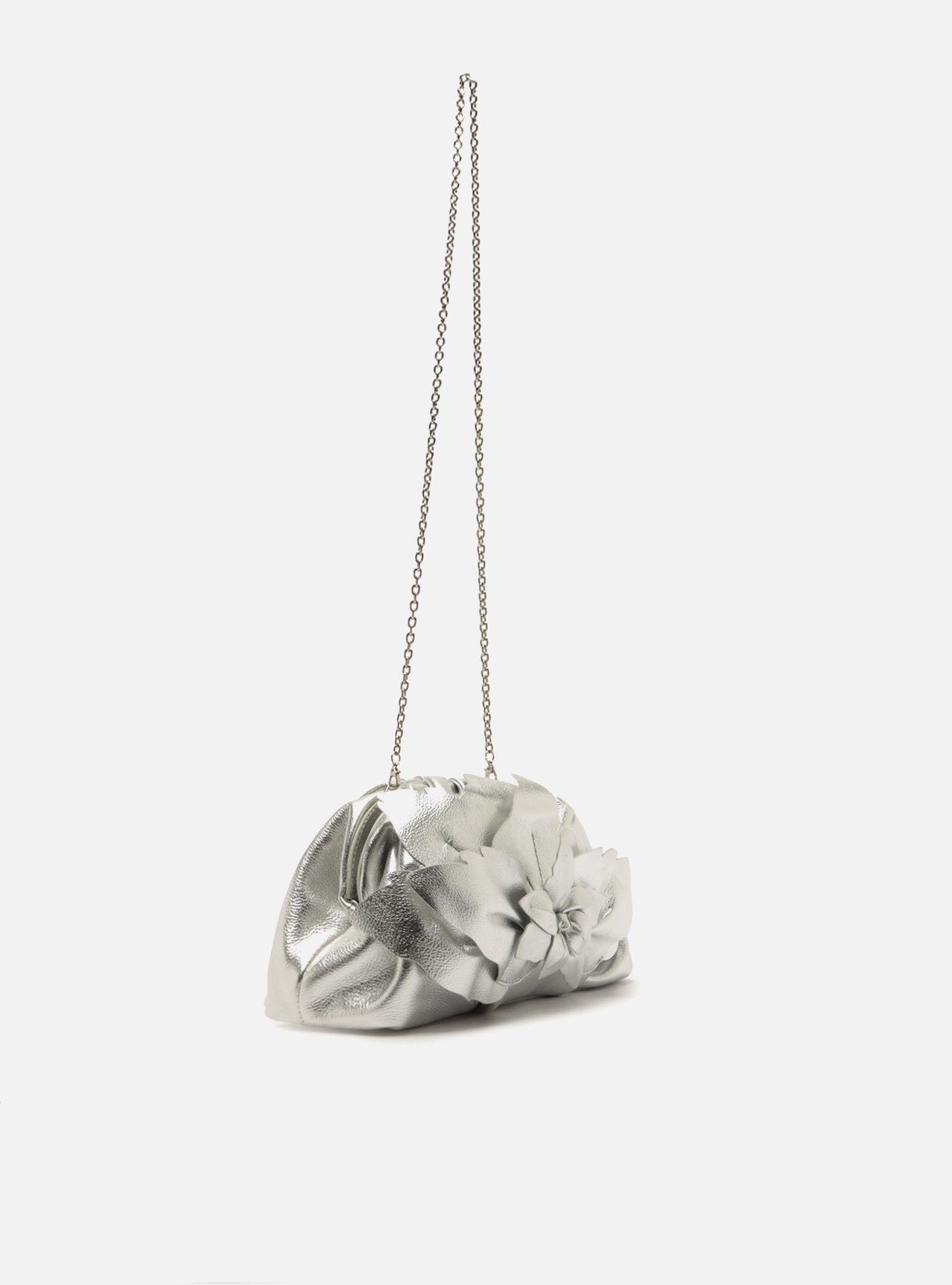 Bolsa Clutch Prata Couro Pequena Flor Corrente — foto 5