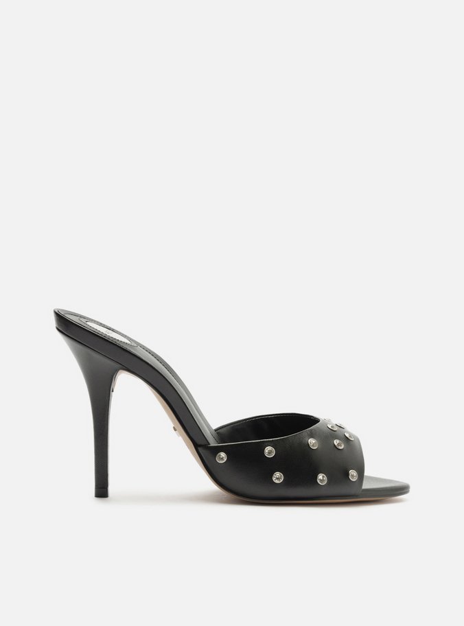 Mule Preta Couro Salto Alto Fino Tachas