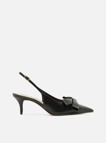 Scarpin Preto Couro Slingback Laço Lateral