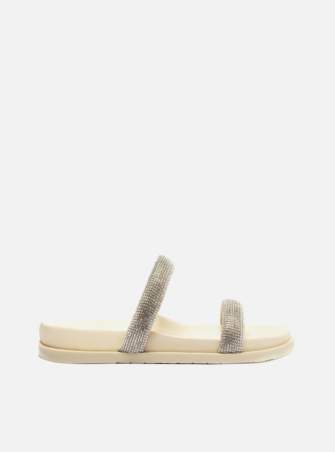 Sandália Rasteira Off-White Tiras Strass