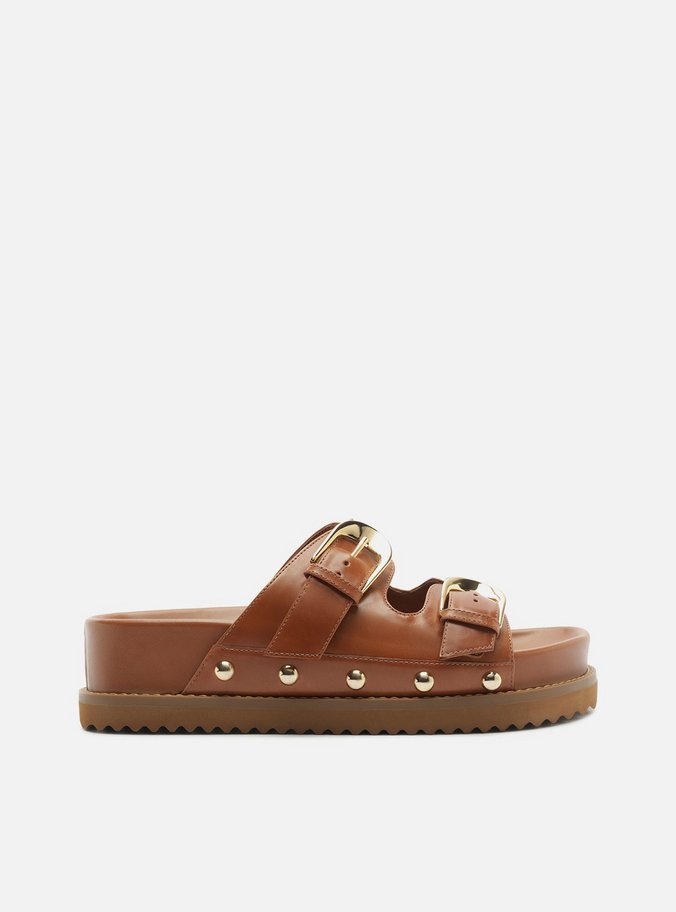 Sandália Papete Marrom Couro Flatform Metais