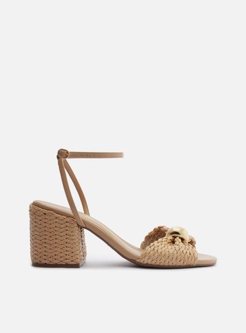 Sandália Bege Palha Salto Bloco Tira Metal