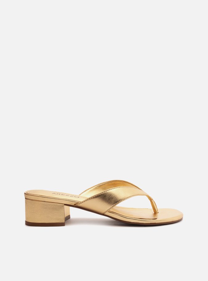 Sandália Dourada Salto Bloco Flip-Flop