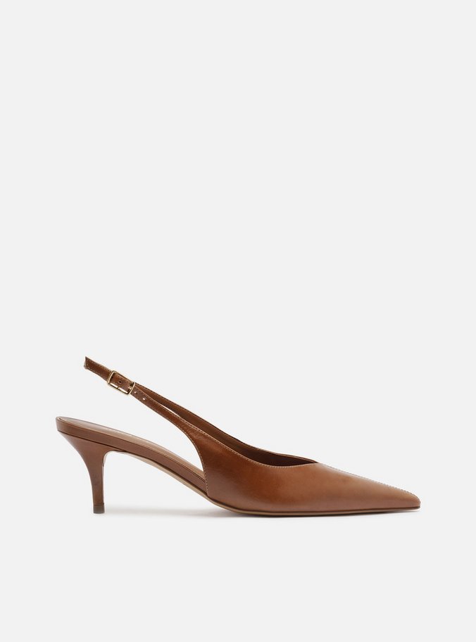 Scarpin Marrom Couro Salto Kitten Slingback