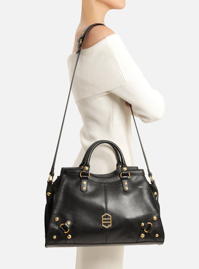 Bolsa Tote Preta Couro Grande Tiras Metais