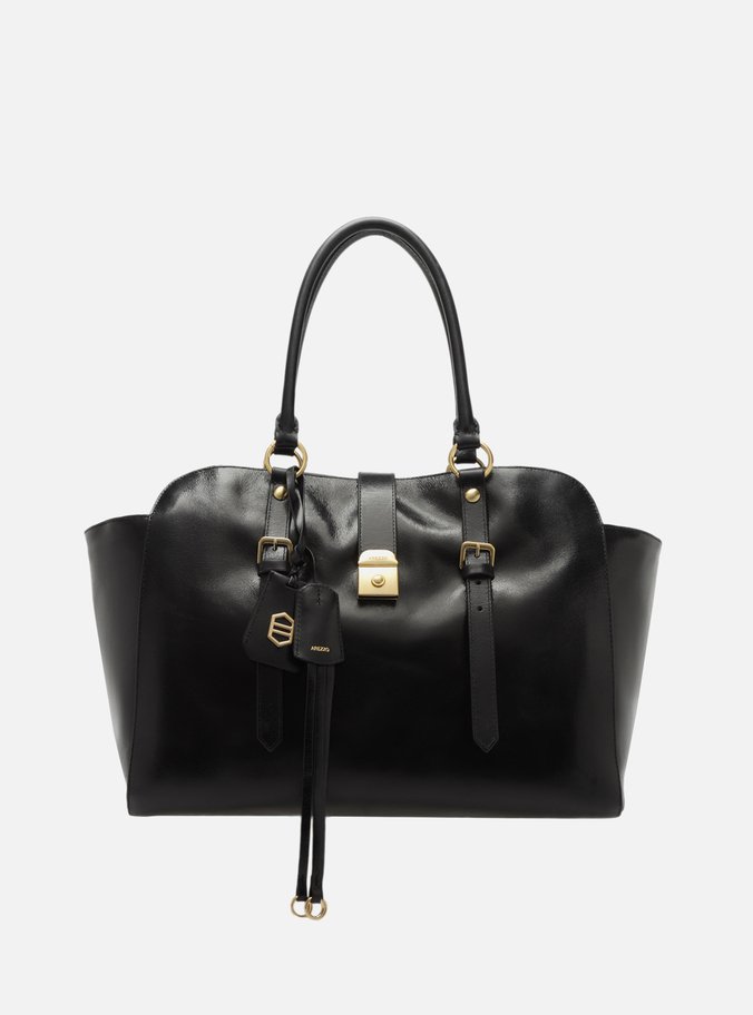 Bolsa Tote Preta Couro Estonado Grande Metal