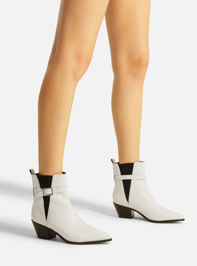 Bota Branca Couro Cano Curto Bico Fino Elástico