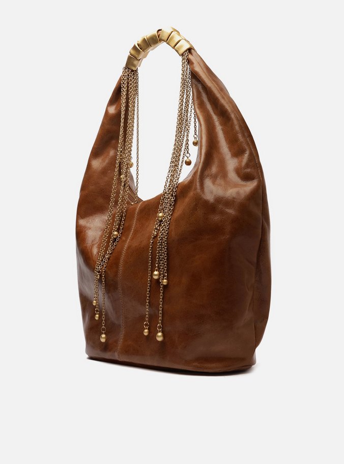 Bolsa Hobo Marrom Couro Grande Alça Metais