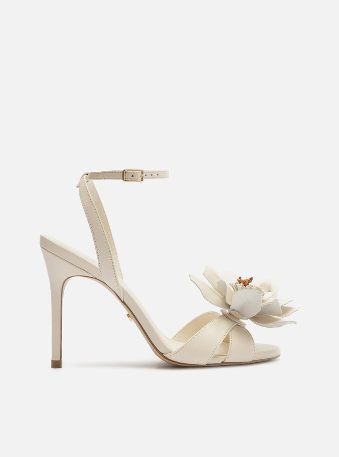 Sandália Branca Couro Salto Fino Flor