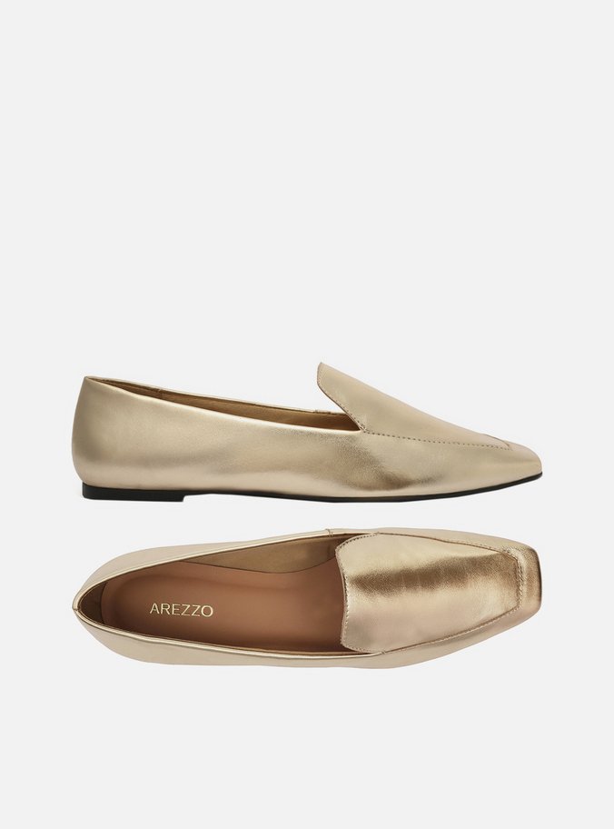 Mocassim Dourado Bico Quadrado Easy