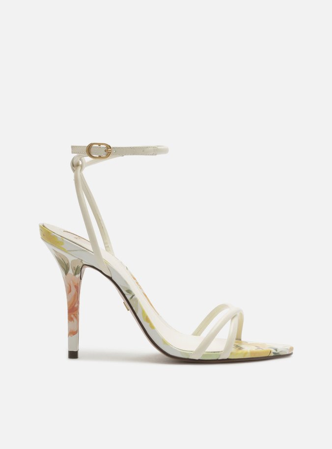 Sandália Estampa Floral Couro Salto Alto Fino Estampada