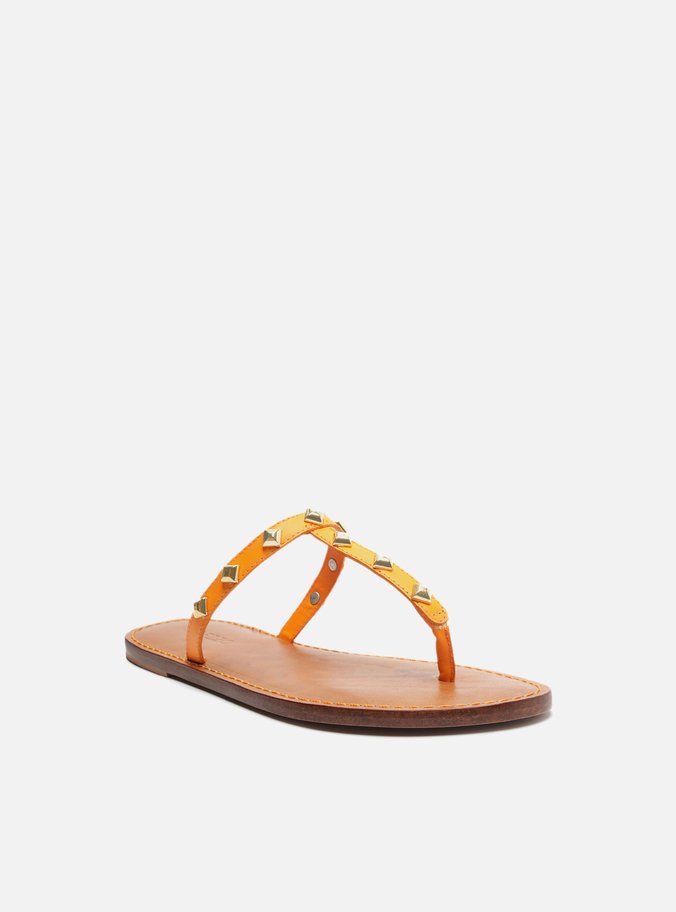 Sandália Rasteira Laranja Couro Slim Studs Ella
