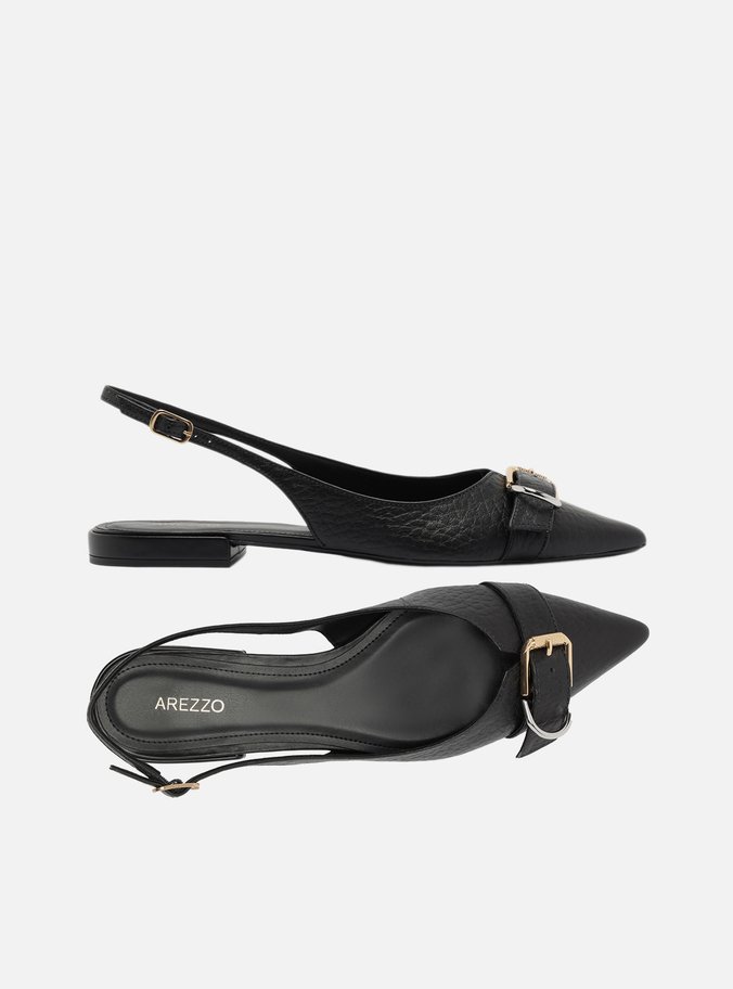 Sapatilha Preta Couro Textura Slingback Fivela