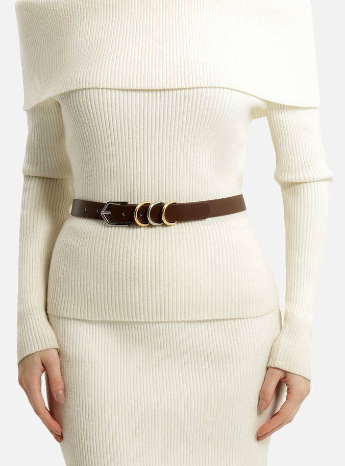 Cinto Marrom Couro Fino Fivela Geométrica Passadores