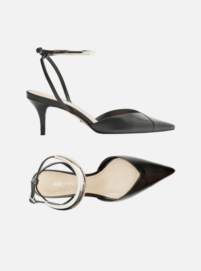 Scarpin Preto Couro Salto Kitten Tira Metal