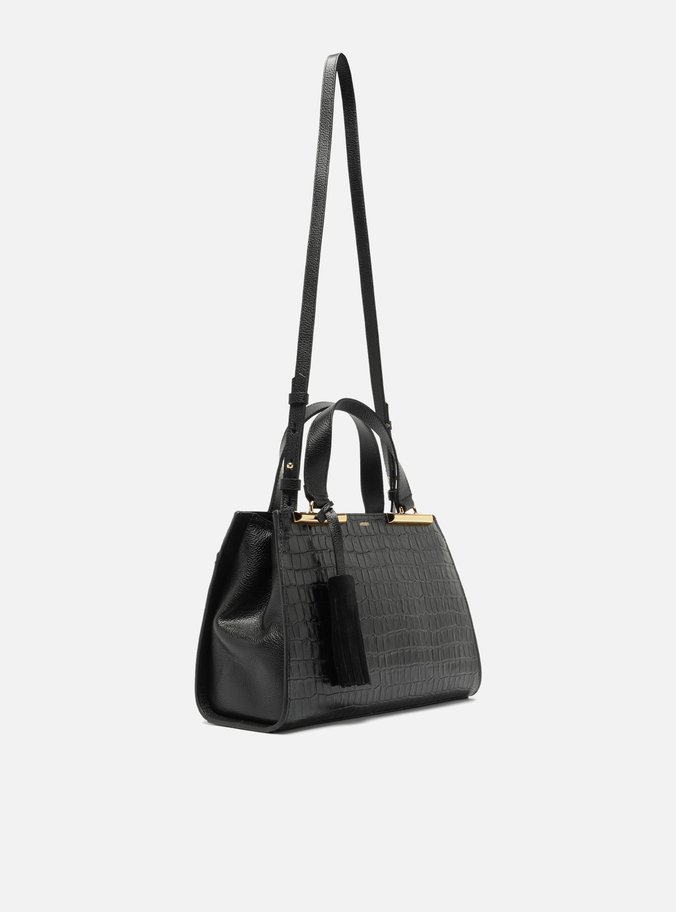 Bolsa Tote Preta Couro Croco Média Barbicacho