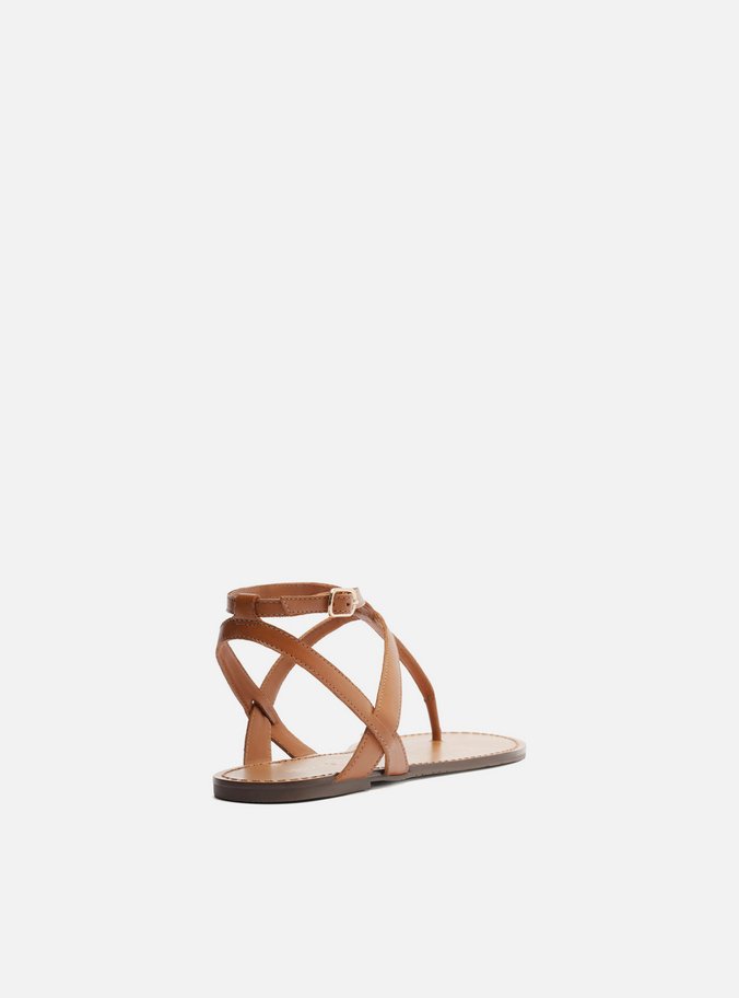 Sandália Rasteira Marrom Couro Slim Cross