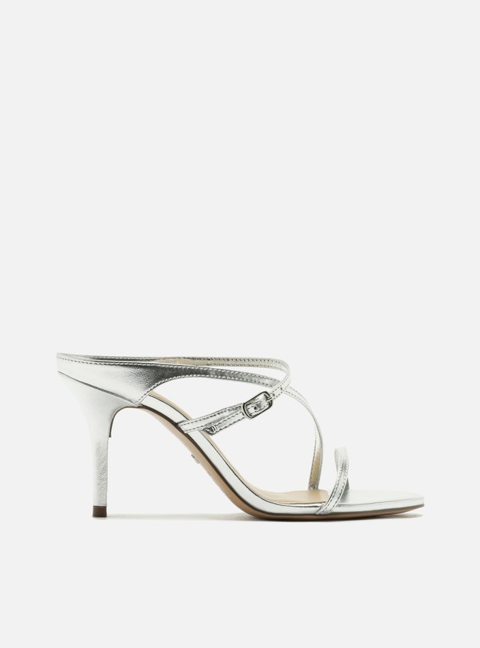 Sandália Prata Salto Médio Fino Tiras Cruzadas