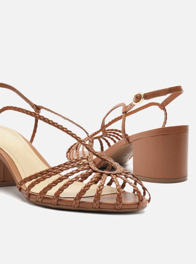Sandália Marrom Caramel Salto Médio Tiras Huarache