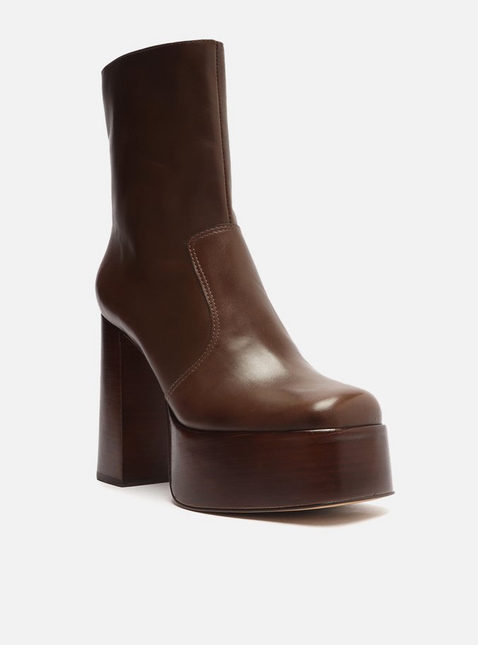 Bota Marrom Couro Salto Bloco Plataforma